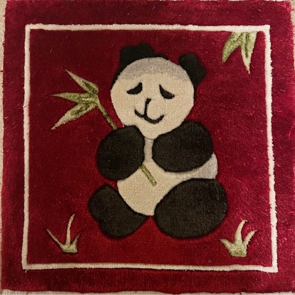 Panda Bear Silk Pictorial Fringe Rug with Bamboo Leaves Dark Red 12" X 13" - Picture 3 of 5